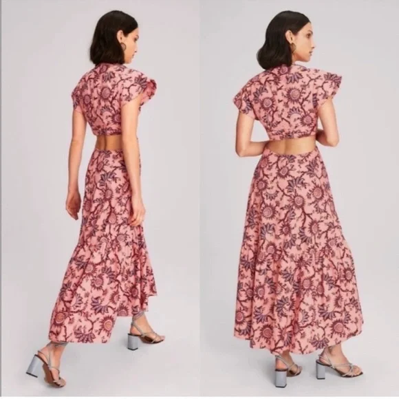 A.L.C. Alexandria Cotton Dress Salmon Red Floral Carlinal Print in Size 6 - Picture 3 of 13